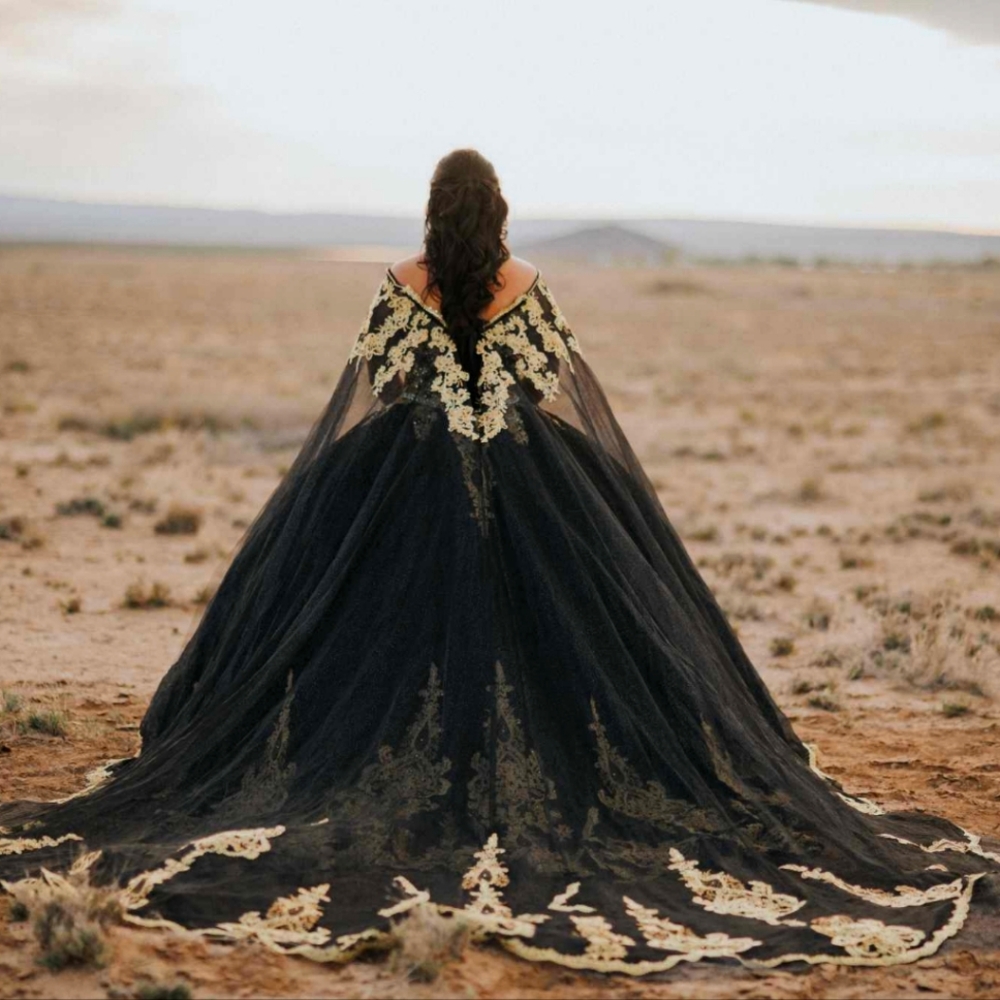 Prom Wedding Quinceañera Black Gold Ball Gown Iridescent gems detachable cape